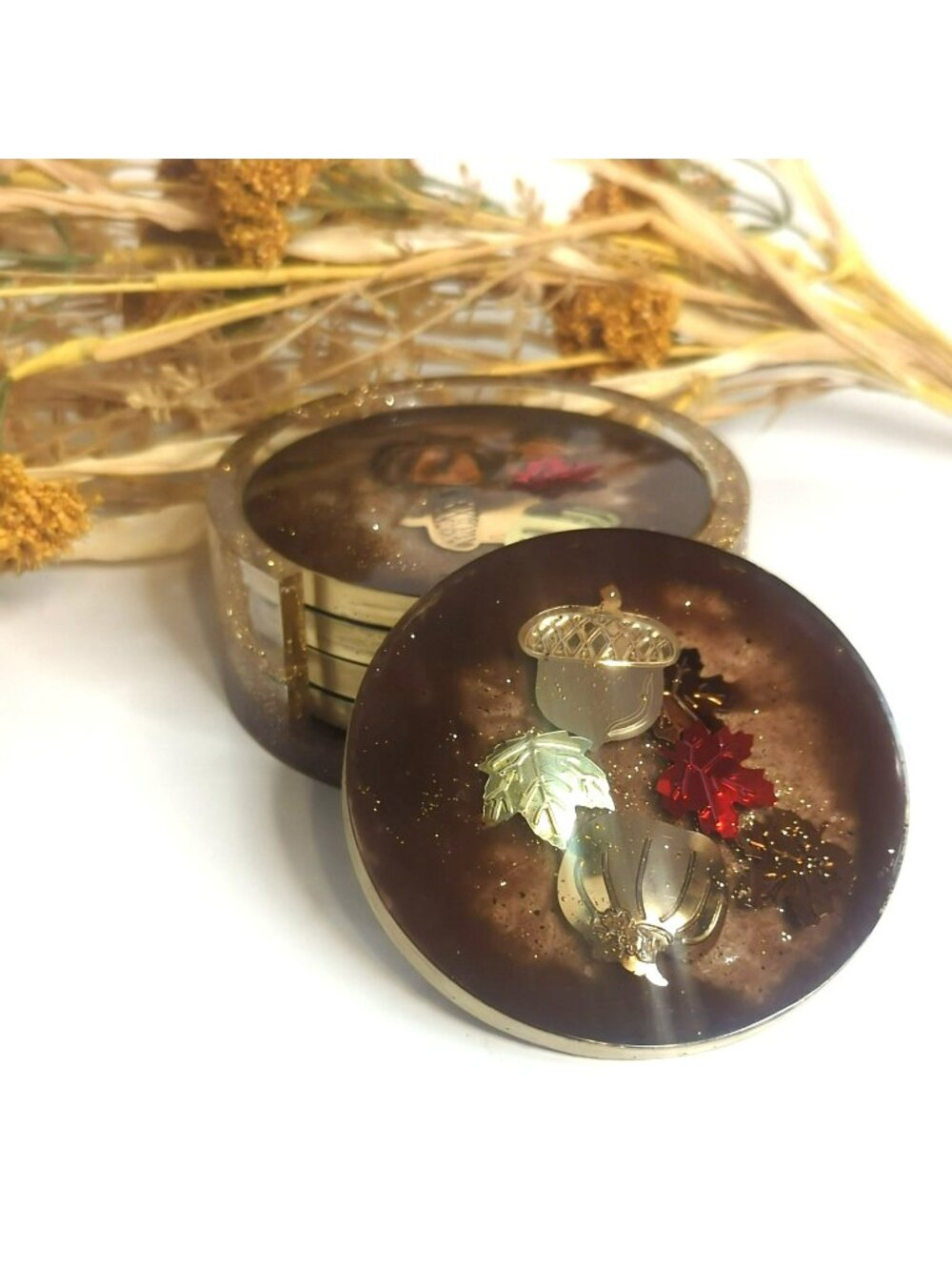 Handmade Resin Round Coaster Set With Holder Fall Autumn Themed Leaves Pumpkin